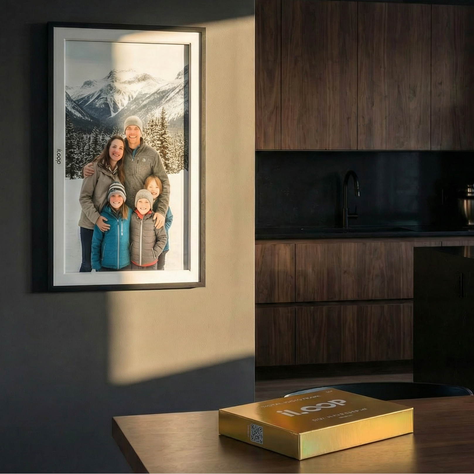 Modern kitchen with wooden cabinets and a iLoop framed family photo on the wall. 