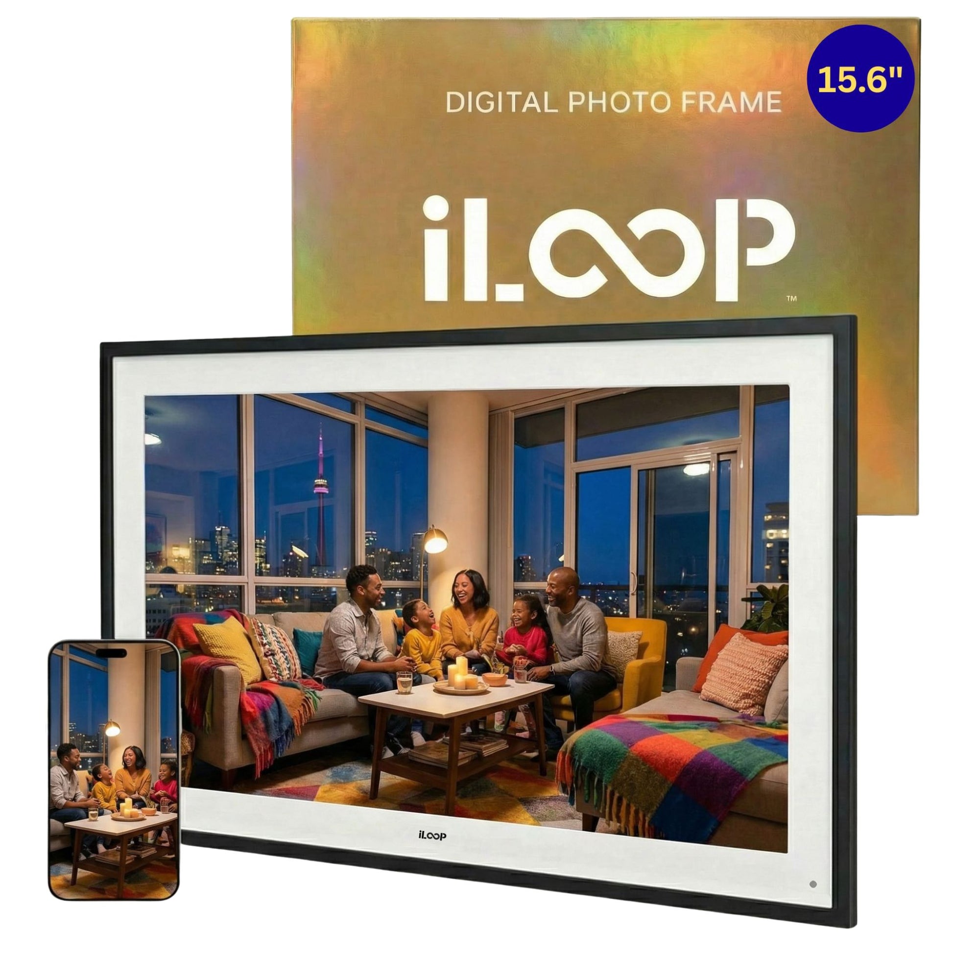 Digital photo frame with a family scene on the screen, branded as iLoop.