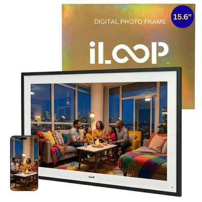Digital photo frame with a family scene on the screen, branded as iLoop.