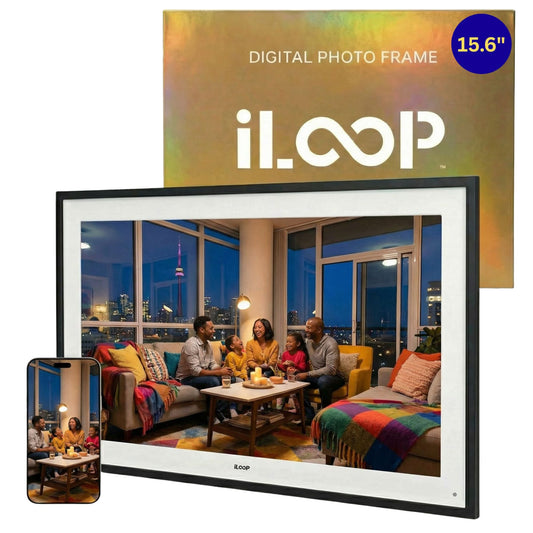 Digital photo frame with a family scene on the screen, branded as iLoop.