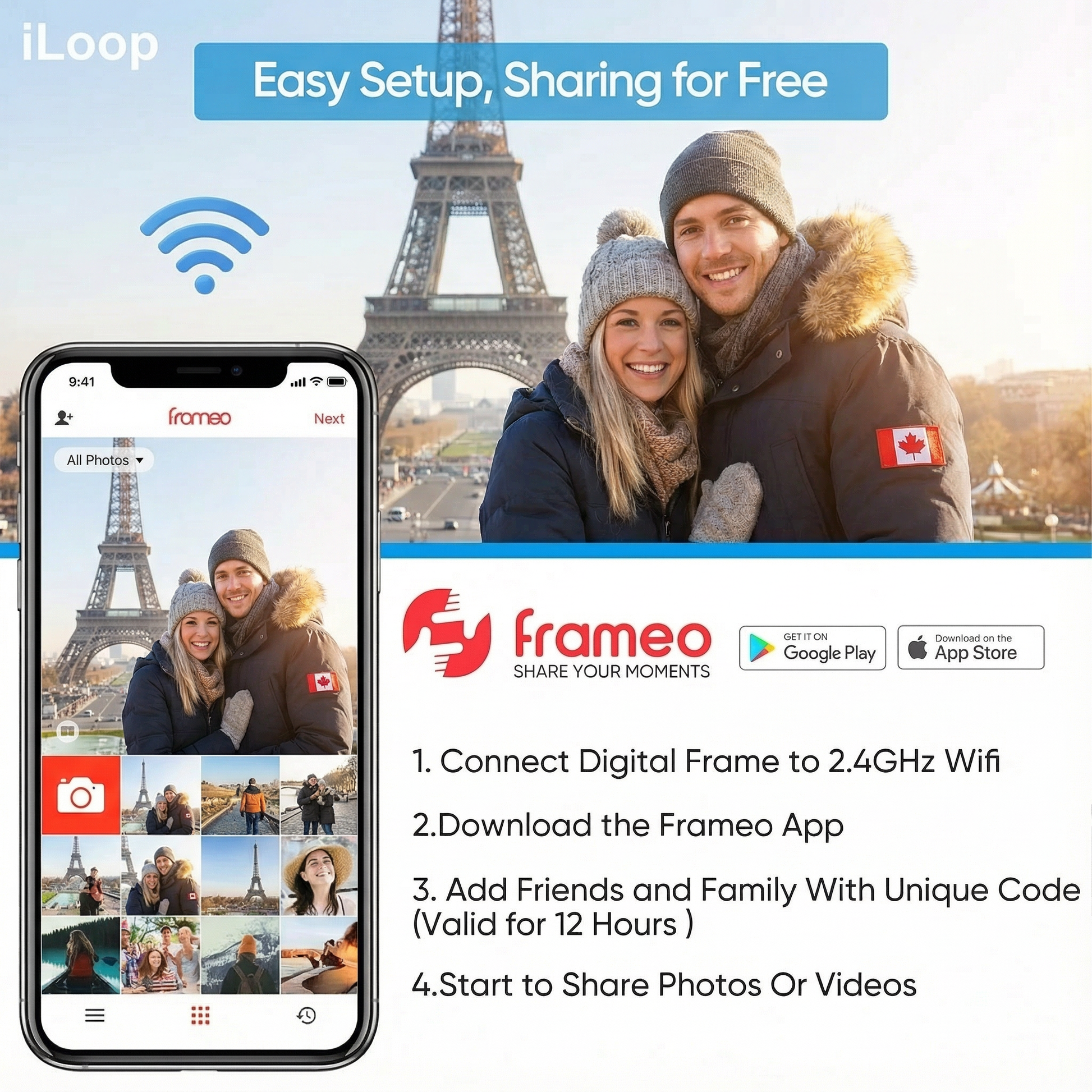 Advertisement for Frameo app with smartphone displaying app interface and couple in front of Eiffel Tower. iloop 15.6” Digital Photo Frame | WiFi Touch Screen, 32 GB | Frameo App | Tabletop or Wall-Mounted