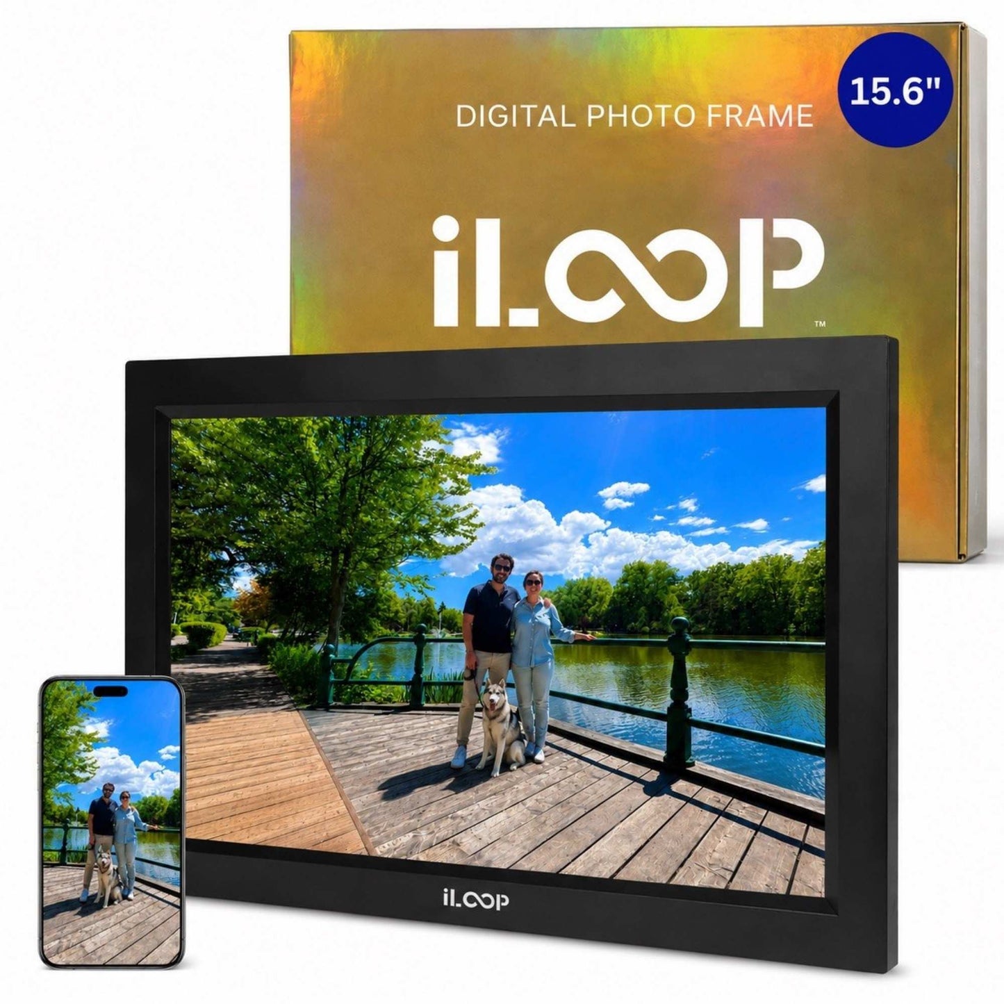 iloop 15.6” Digital Photo Frame | WiFi Touch Screen, 32 GB | Frameo App | Tabletop or Wall-Mounted
