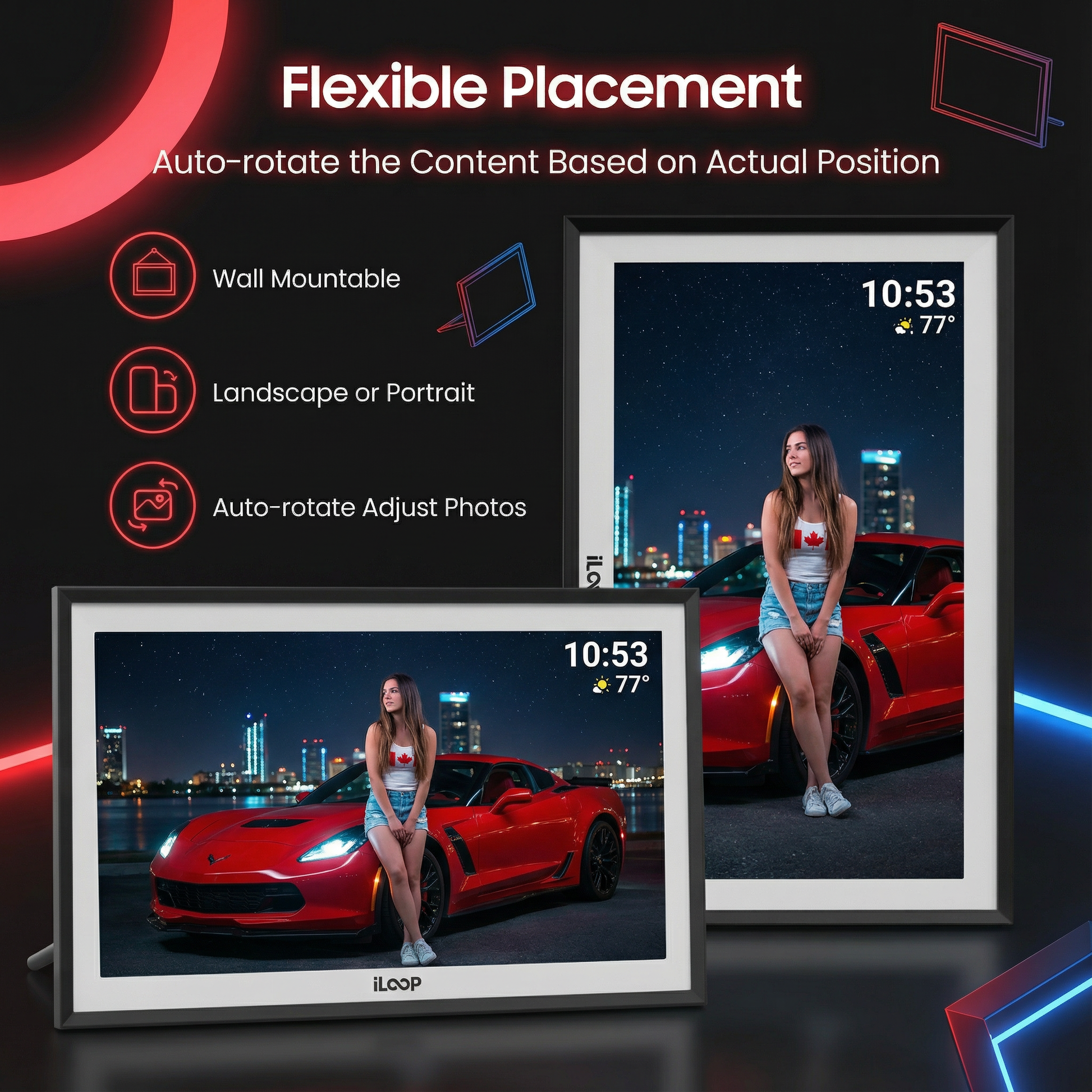 Digital photo frames with a woman and red car, featuring text on flexible placement. iloop 15.6” Digital Photo Frame | WiFi Touch Screen, 32 GB | Frameo App | Tabletop or Wall-Mounted