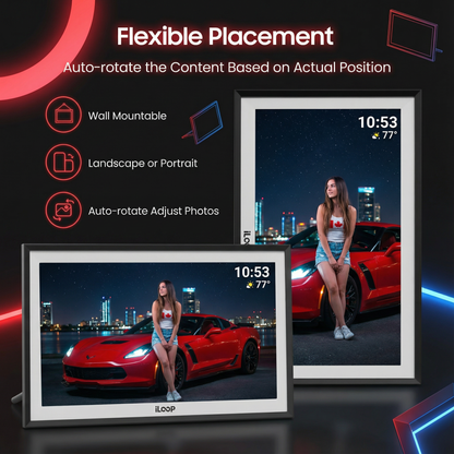 Digital photo frames with a woman and red car, featuring text on flexible placement. iloop 15.6” Digital Photo Frame | WiFi Touch Screen, 32 GB | Frameo App | Tabletop or Wall-Mounted