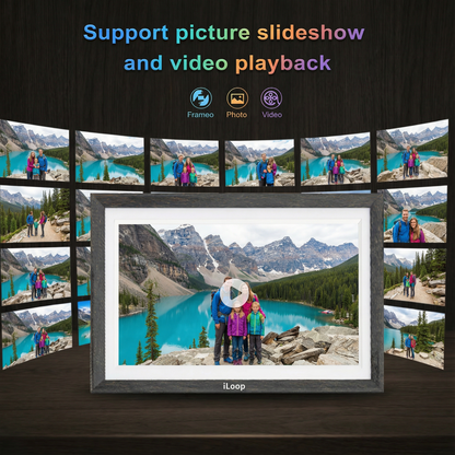 iLoop Digital photo frame displaying a scenic image with mountains and a lake, surrounded by smaller frames showing the same scene. 
