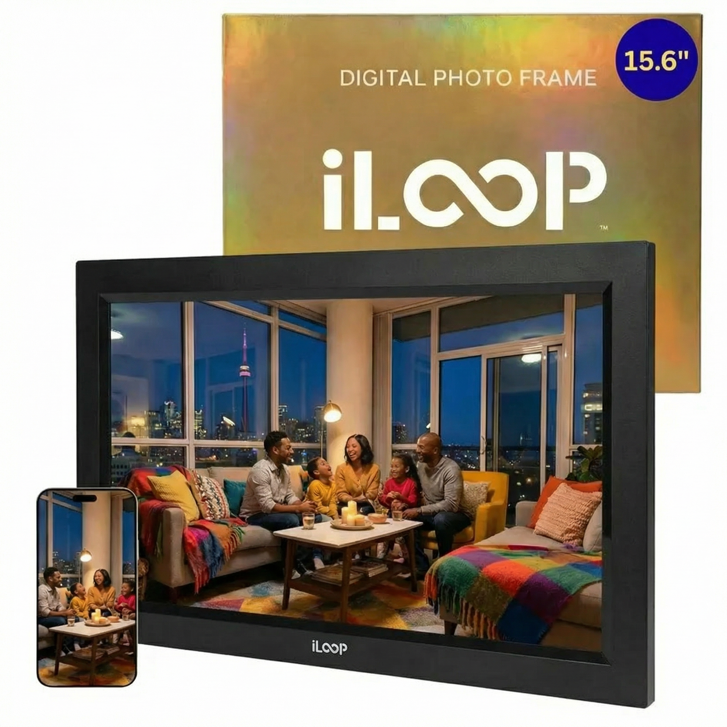 iloop 15.6” Digital Photo Frame | WiFi Touch Screen, 32 GB | Frameo App | Tabletop or Wall-Mounted